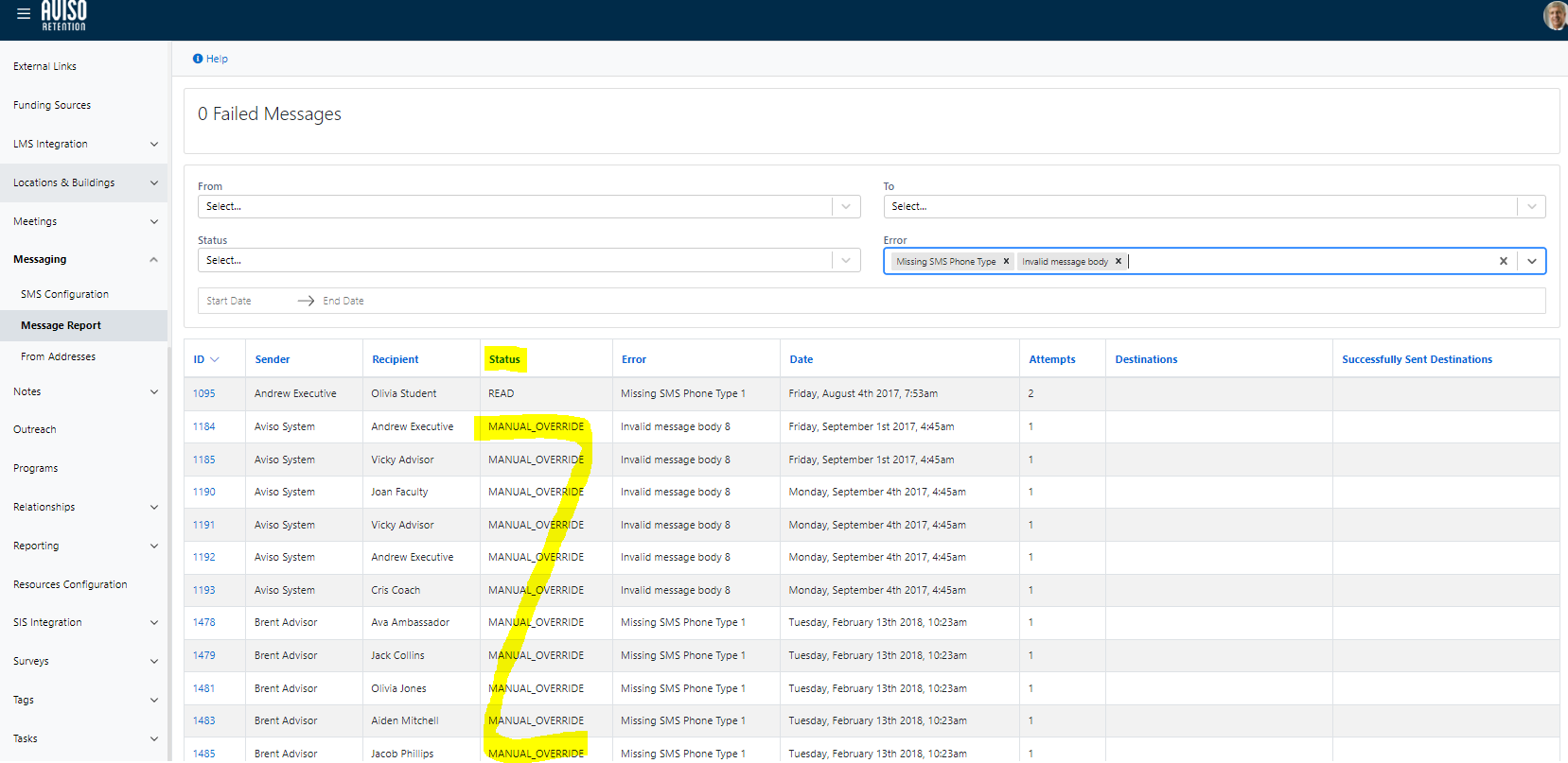 The Message Report page showing '0 Failed Messages' at the top, with the filtering panel displaying the Status field and Error field both set, while the message table below shows multiple entries with MANUAL_OVERRIDE displayed in the Status column.