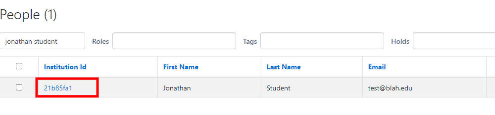 The People page showing a table with columns for Institution Id, First Name, Last Name, and Email, with the Institution Id value highlighted.