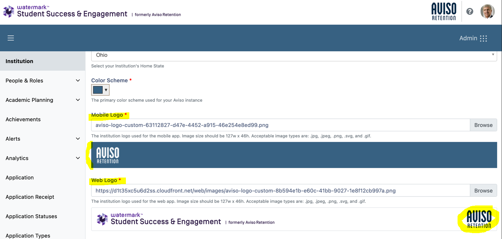 The Institution page showing fields for State and Color Scheme. Page showing Mobile Logo section with the AVISO RETENTION logo being highlighted. Page showing Web Logo section with the same logo being highlighted.