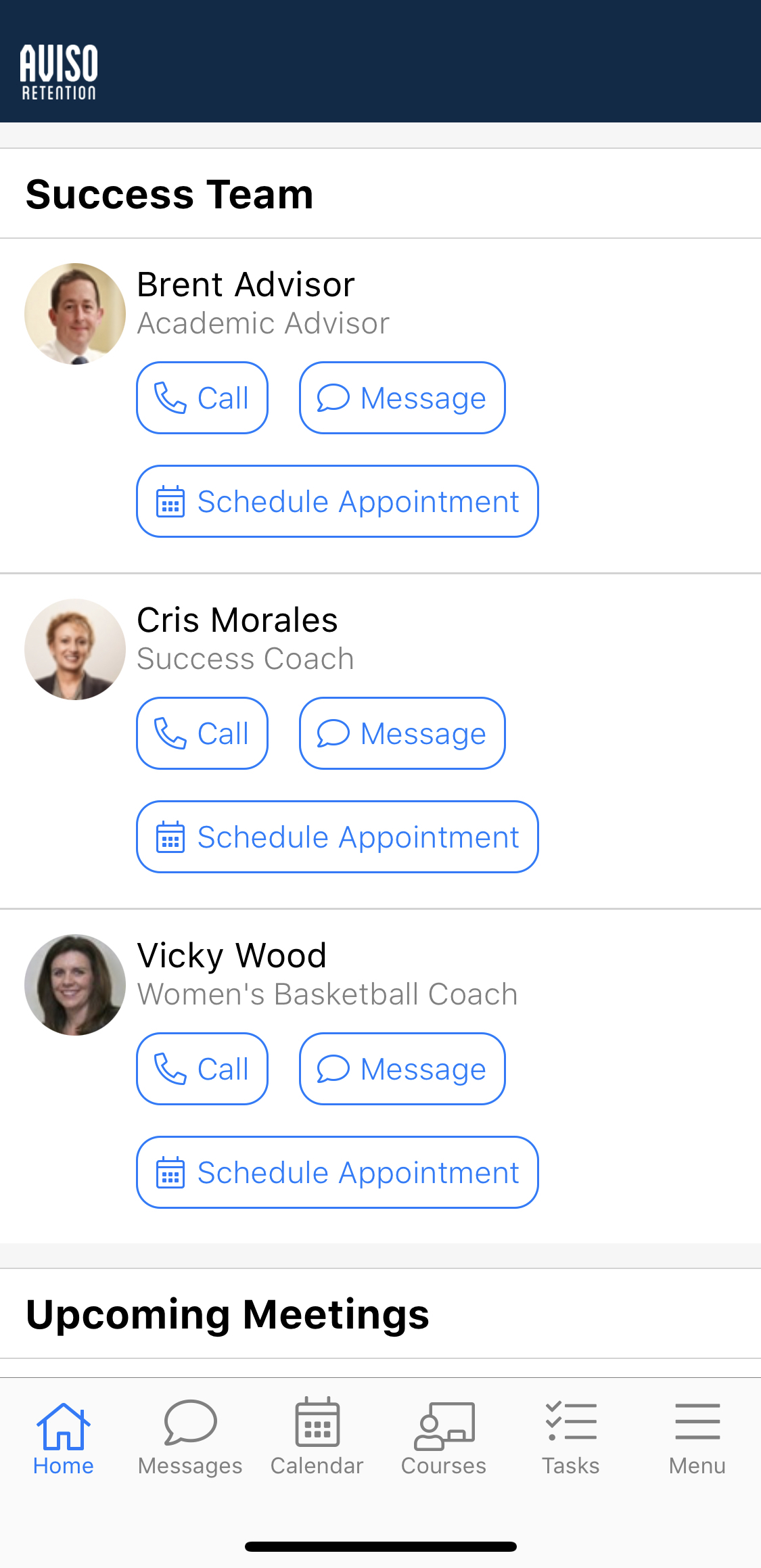 The Mobile view showing the AVISO RETENTION logo at the top. Success Team page showing three team entries with names, roles, and buttons for Call, Message, and Schedule Appointment.