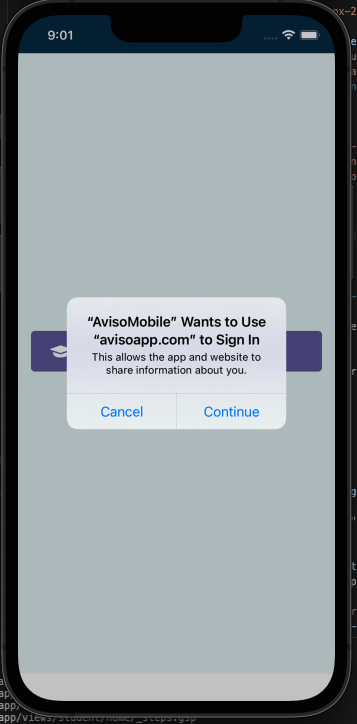 The Mobile view showing a login page with a pop‑up message stating that AvisoMobile wants to use avisoapp.com to sign in, with Cancel and Continue buttons.