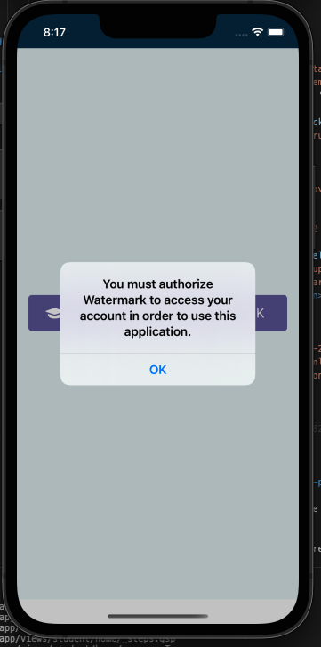 The Mobile view showing a login page displaying a pop‑up message stating that authorization for Watermark is required to access the account, with an OK button.