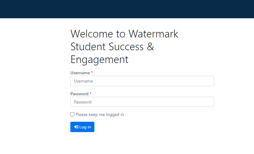 The Login page showing the heading Welcome to Watermark Student Success & Engagement with fields for Username and Password, a checkbox to keep the user logged in, and a Log in button.