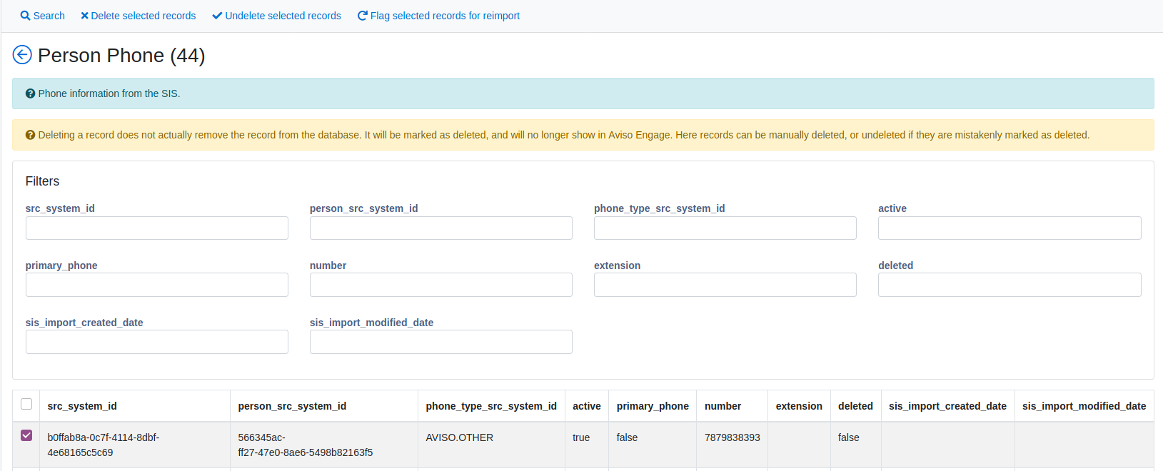 The Person Phone page showing Filters section displaying fields for src_system_id, person_src_system_id, phone_type_src_system_id, active, primary_phone, number, extension, deleted, sis_import_created_date, and sis_import_modified_date. Action bar showing buttons Search, Delete selected records, Undelete selected records, and Flag selected records for reimport. Table showing person phone records with one row selected.