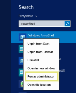 The Search window showing results for PowerShell and a context menu that includes Unpin from Start, Unpin from Taskbar, Uninstall, Open in new window, Run as administrator, and Open file location. The Run as administrator option appears highlighted.
