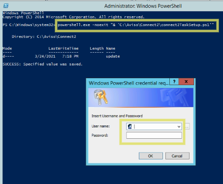 The PowerShell window showing a command entered to run connect2TaskSetup.ps1 and the resulting status messages. A credential prompt dialog appears, containing fields for User name and Password. The User name field appears highlighted.