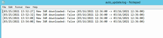 The Notepad window showing the auto_update.log file with repeated log entries that note timestamps and indicate 'New JAR downloaded: False' followed by date ranges.