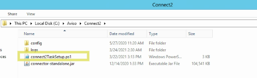 The Connect2 folder window showing subfolders for config, logs, and files including connect2TaskSetup.ps1 and connector‑standalone.jar. The connect2TaskSetup.ps1 file appears highlighted.
