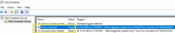 The Task Scheduler window showing the Task Scheduler Library list with scheduled tasks. One task named Aviso Connect2 appears highlighted in the Name column, and the Triggers column shows its start time and repeat schedule.