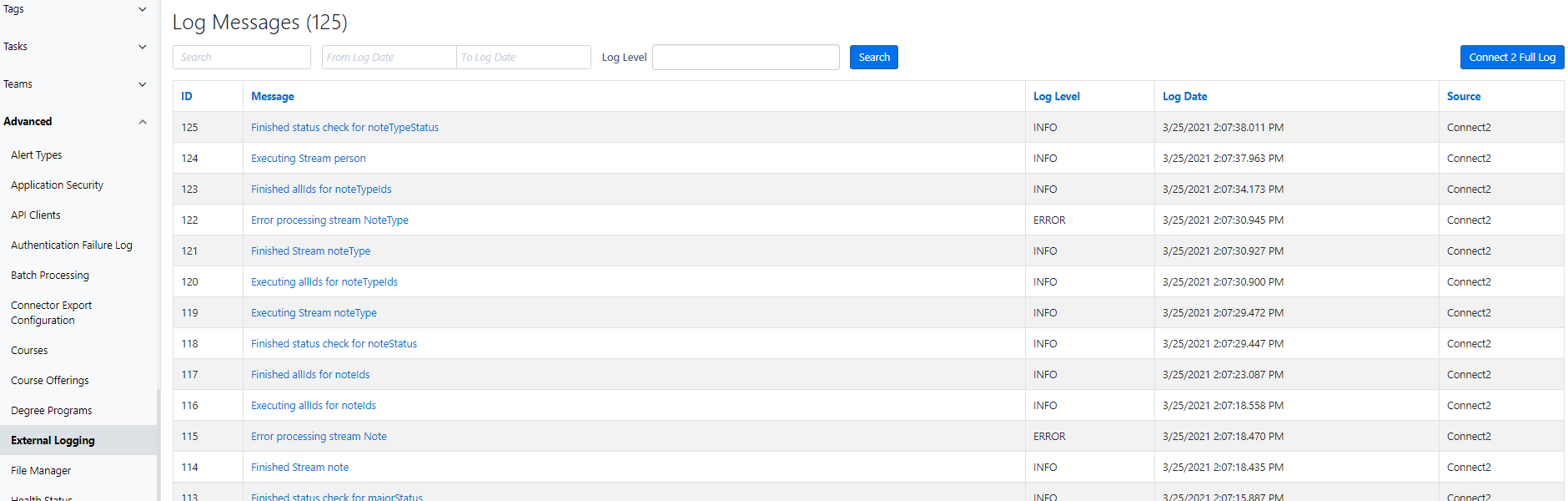 The Log Messages page showing a table of log entries with columns for ID, Message, Log Level, Log Date, and Source. The entries display various INFO and ERROR messages from Connect2 along with their timestamps.
