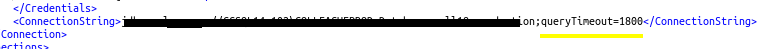 The XML snippet showing a connection string line with most of the value redacted and showing a highlighted segment near the query timeout value.