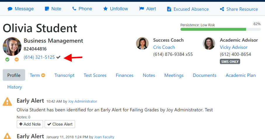 The student profile page showing program information, phone number, success coach and academic advisor details, and tabs for Profile, Term, Transcript, Test Scores, Finances, Notes, Meetings, Documents, and Academic Plan, with the phone number highlighted.