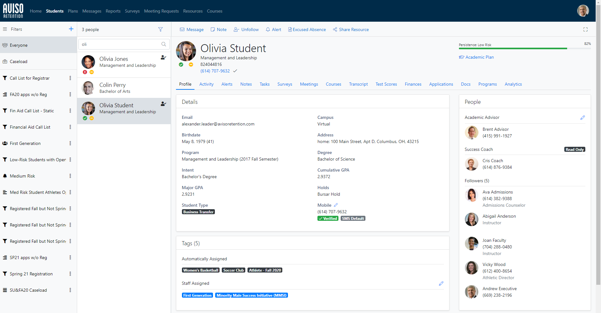 The Student Profile page showing top navigation with Students, Plans, Messages, Reports, Surveys, Meeting Requests, Resources, and Account. The profile tab bar showing Profile, Activity, Advisers, Notes, Tasks, Surveys, Meetings, Courses, Transcript, Test Scores, Finances, Applications, Docs, Programs, and Analytics. The Details panel in the center, the Tags section below, and the People panel on the right.