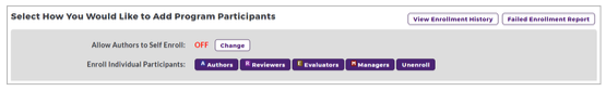 A participant enrollment section showing options for how to add program participants, including allowing authors to self-enroll with the setting shown as Off and a Change button, and buttons to enroll individual participants as Authors, Reviewers, Evaluators, or Managers, along with an Unenroll button. The section also includes options to view enrollment history and run a failed enrollment report.