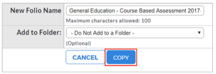 A folio copy settings section showing fields for entering a new folio name and an optional folder selection menu, along with action buttons for Cancel and a highlighted Copy button.