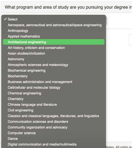 The dropdown menu showing a list of academic programs and areas of study with the Architectural Engineering option highlighted.