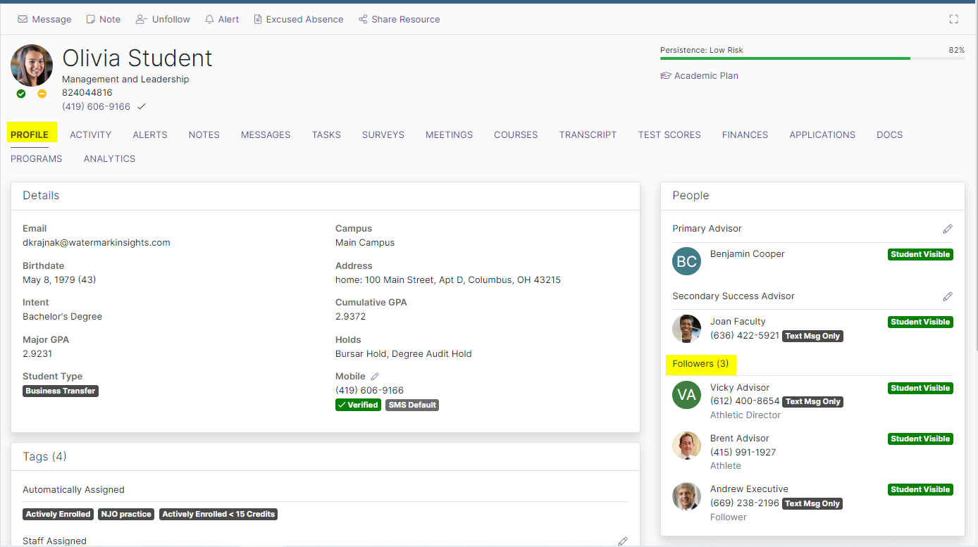 The 'Olivia student Profile page showing a student record'. 'Student name, program, contact information, persistence status, and navigation tabs with the Profile tab highlighted', 'Details section with email field, birthdate field, intent field, GPA fields, campus field, address field, holds information, and mobile field', and 'People section with Primary Advisor, Secondary Success Advisor, and Followers field highlighted along with assigned staff and visibility status labels'.