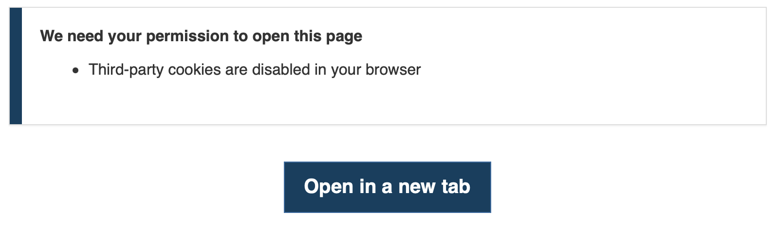 The permission message showing a notice that third‑party cookies are disabled in the browser and an Open in a new tab button.