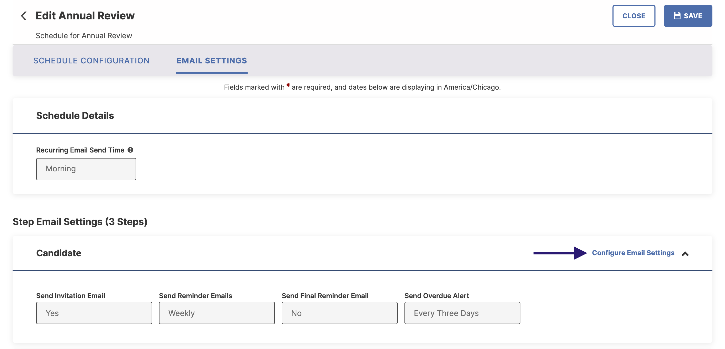 The Edit Annual Review page showing the Email Settings tab selected with a Recurring Email Send Time field and a Candidate section listing options for invitation, reminder, final reminder, and overdue alert emails. The Configure Email Settings link highlighted on the right side of the Candidate section, with Save and Close buttons at the top.