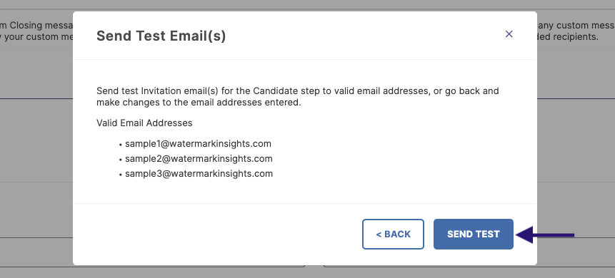 The Send Test Email(s) dialog showing a list of valid email addresses and buttons for Back and Send Test, with the Send Test button highlighted at the bottom.