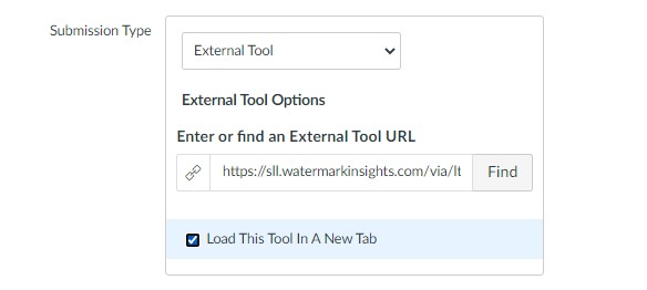 Screenshot of Canvas assignment settings showing 'Submission Type' set to 'External Tool' and the 'Load This Tool In A New Tab' checkbox.