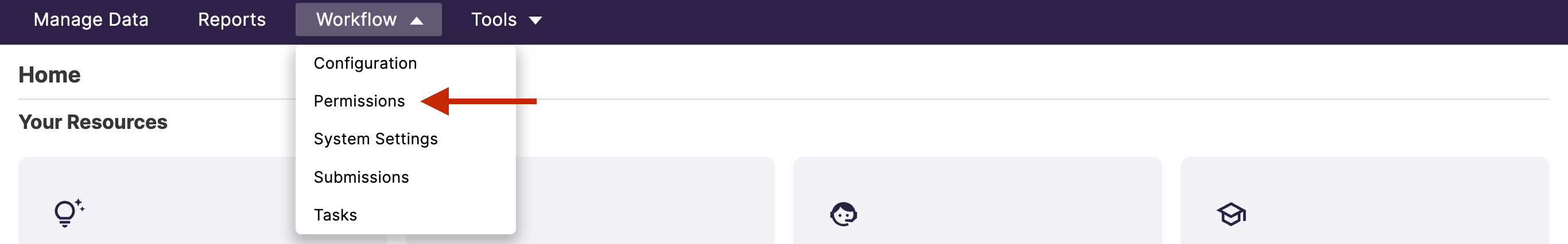 A navigation menu showing the Workflow section expanded, with the Permissions option highlighted.