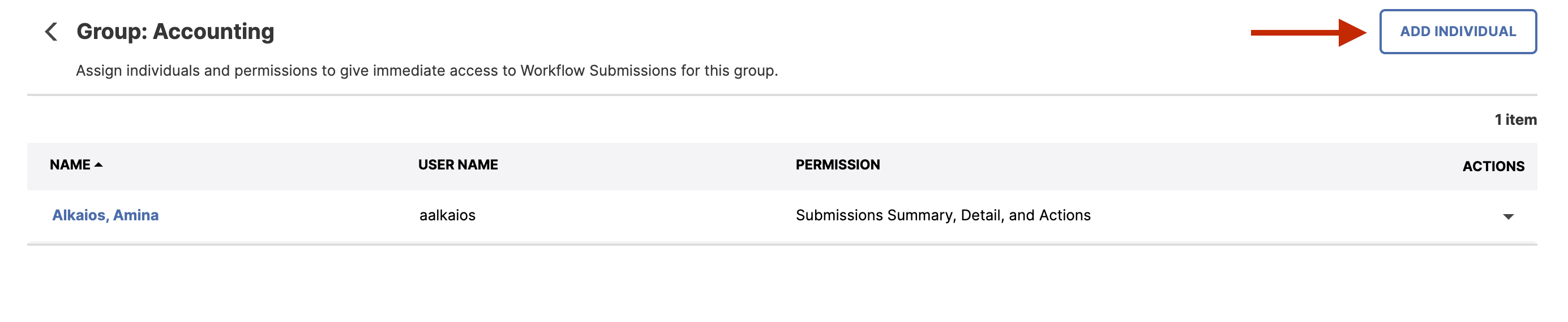 A Workflow Permissions group page showing one individual listed with assigned permissions, along with an Add Individual button highlighted.