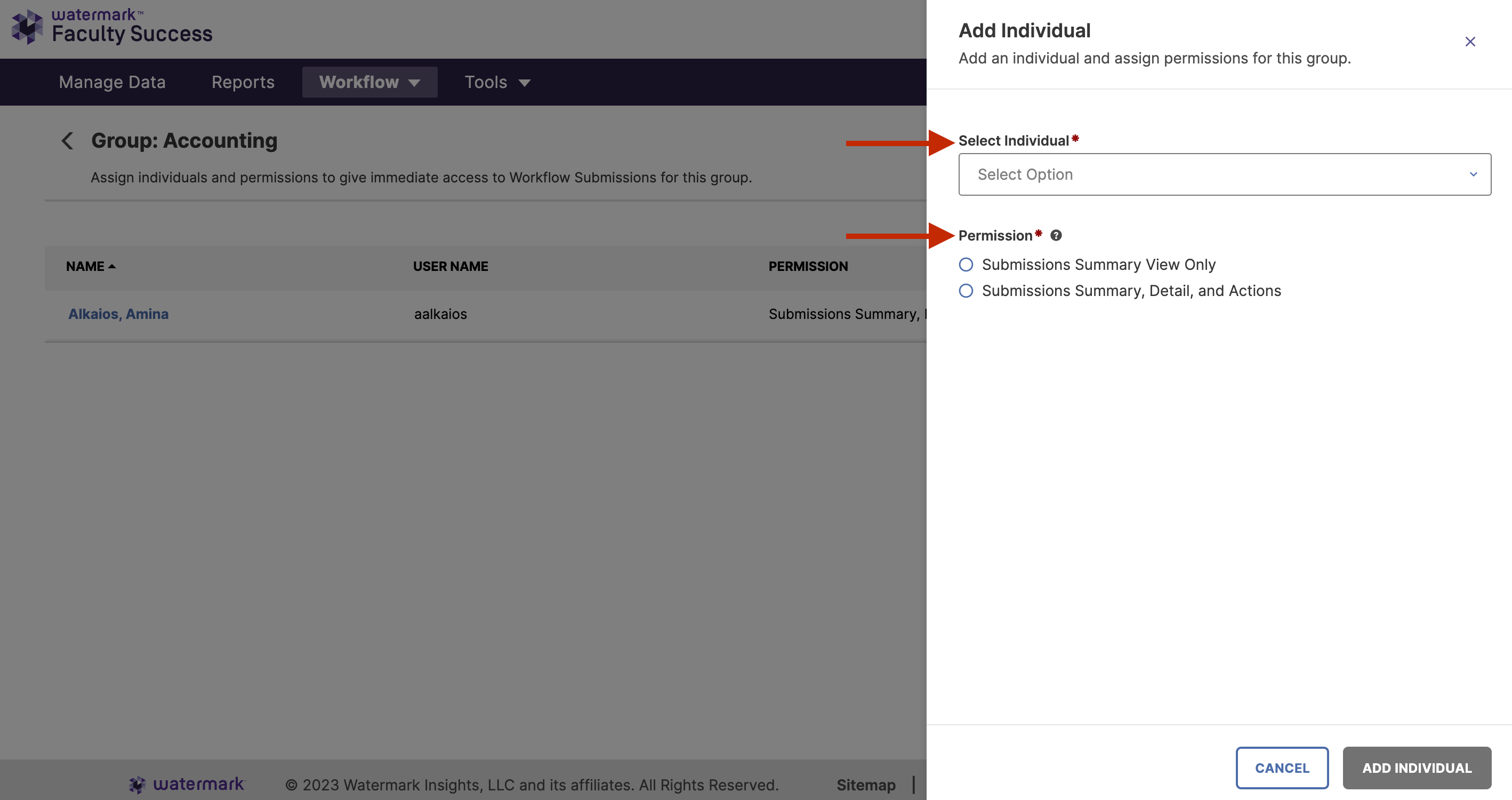 An Add Individual panel showing fields to select an individual from a dropdown list and assign a permission level, with options for Submissions Summary View Only and Submissions Summary, Detail, and Actions, along with an Add Individual button.