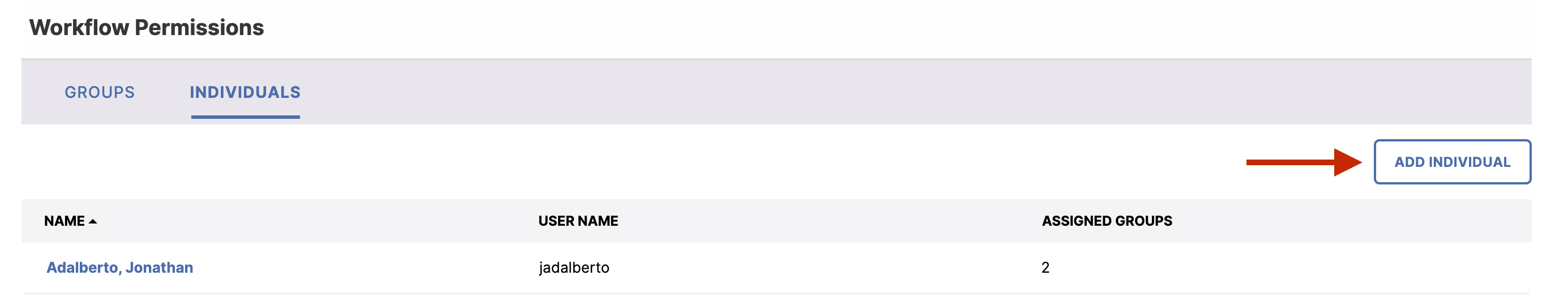 A Workflow Permissions page showing the Individuals tab selected, with a single individual listed along with their username and assigned groups, and an Add Individual button highlighted.