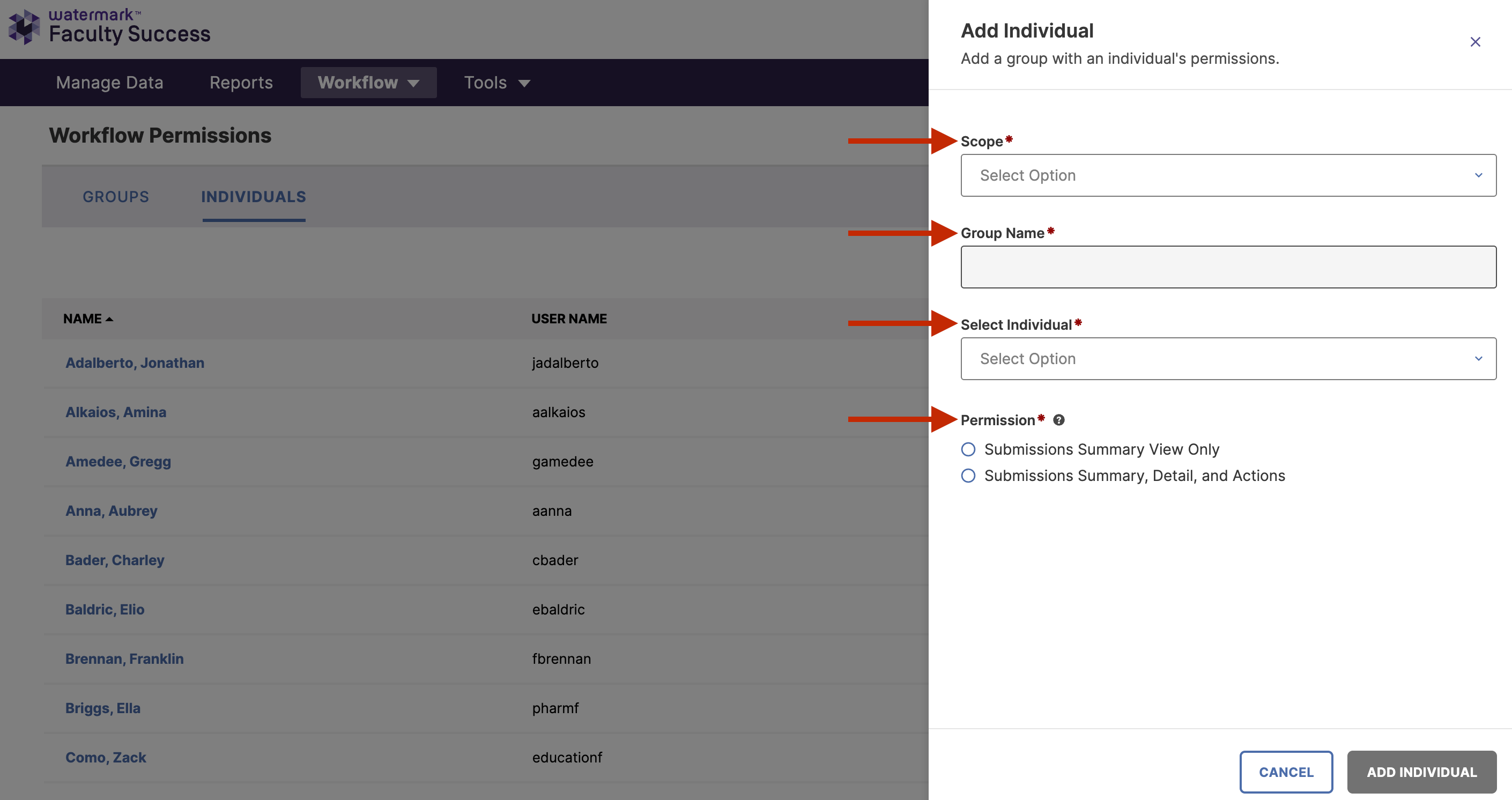 An Add Individual panel showing fields to select a scope from a dropdown, enter a group name, select an individual, and choose a permission level, with options for Submissions Summary View Only and Submissions Summary, Detail, and Actions, along with an Add Individual button.