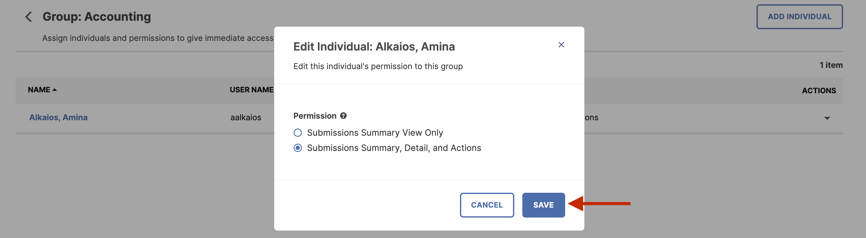 An Edit Individual panel showing permission options for the selected individual, with Submissions Summary, Detail, and Actions selected and a Save button highlighted.