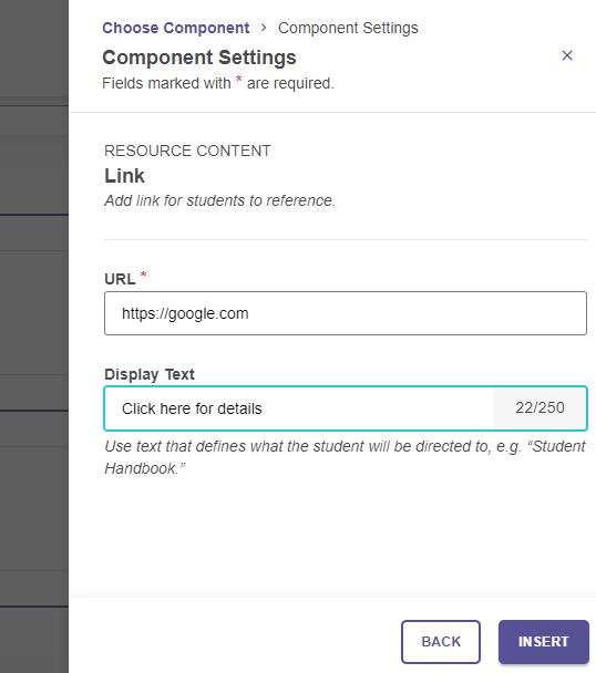 The Component Settings panel showing the Link component, with fields for Display Text and Link to add a clickable link.