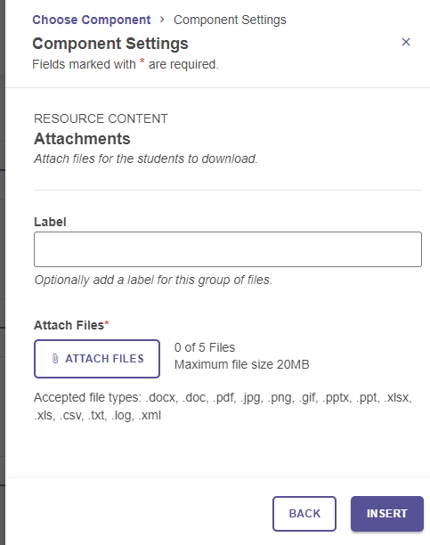 The Component Settings panel showing the Attachments component, with a field to add label and an option to attach files.