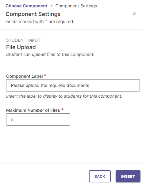 The Component Settings panel showing the File Upload component, with fields to enter component label and maximum number of files.
