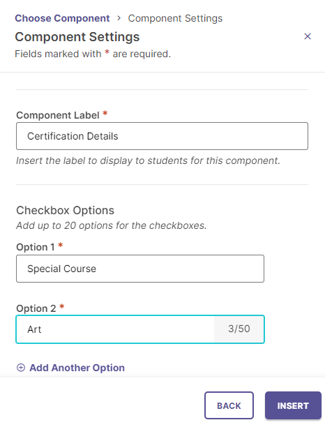 The Component Settings panel showing the Multiselect Checkboxes component, with fields to enter component label and checkbox options.