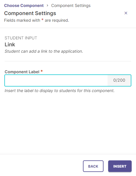 The Component Settings panel showing the Link component, with a field to enter the component label.