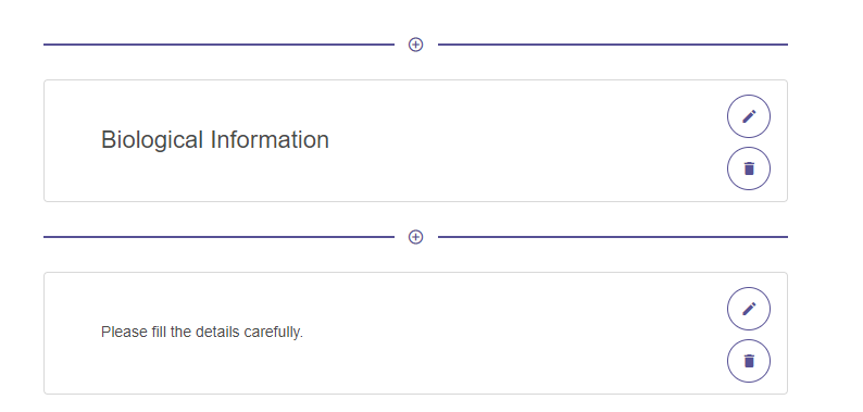 The template creation page showing the edit (pencil), delete (bin), and add (plus) options for managing components.