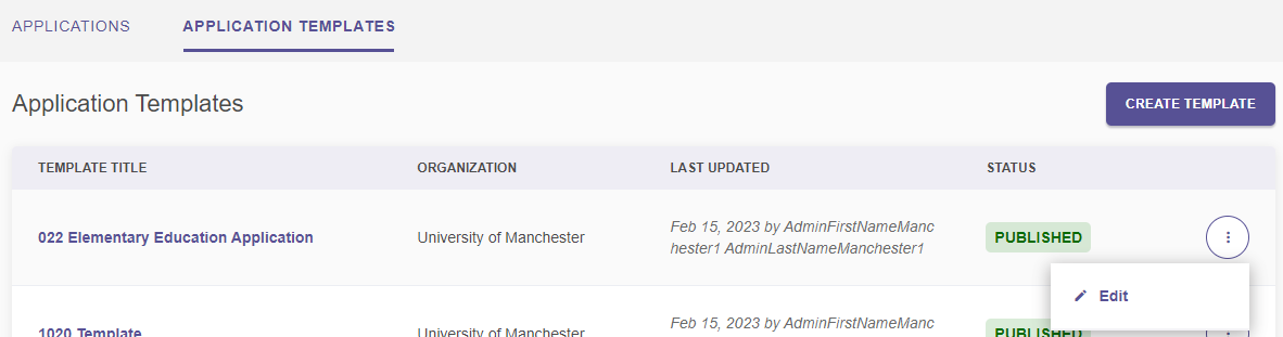 The Application Templates tab showing a list of templates with a Last Updated column displaying the date and time of the last edit.