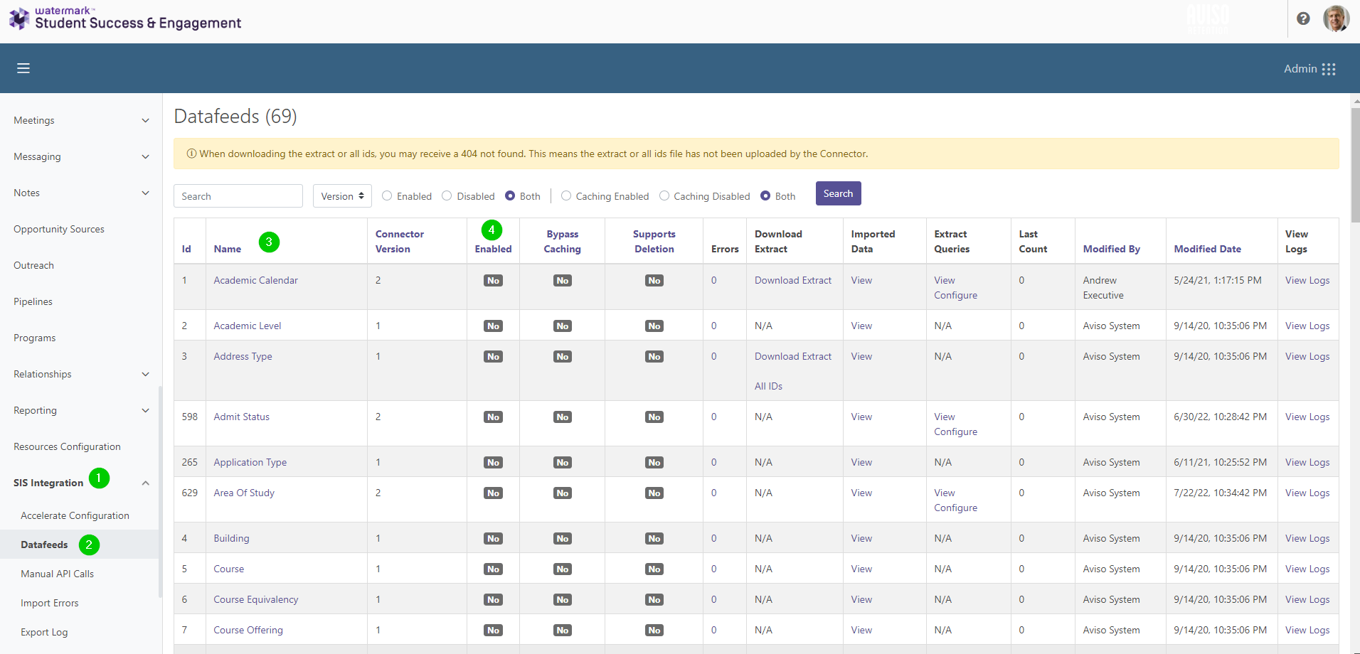 The Datafeeds page showing a table of datafeeds with columns for Id, Name, Connector Version Enabled, Bypass Caching, Supports Deletion, Errors, Download Extract, Imported Data, Extract Queries, Last Count, Modified By, Modified Date, and View Logs buttons. The top section showing Name field, Version dropdown, Enabled and Caching options, and a Search button. The left navigation showing SIS Integration section expanded with Accudata Configuration and Datafeeds selected.
