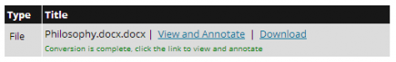 The section showing a file row with type set to File, title showing Philosophy.docx.docx, and links for View and Annotate and Download.