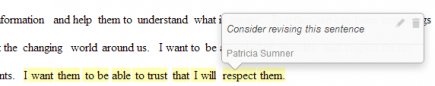 The highlighted text in the document with a comment box open displaying the remark Consider revising this sentence and the commenter name below it.