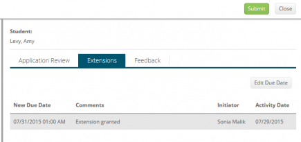 The Extensions tab showing student name at the top. Tab bar showing Application Review, Extensions, and Feedback tabs; Extensions tab highlighted. Edit Due Date button appearing on the right. Table below showing New Due Date, Comments, Initiator, and Activity Date columns, with one row displayed.