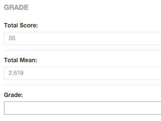 The Grade section showing fields for Total Score, Total Mean, and Grade. Total Score field showing 55. Total Mean field showing 2.619. Grade field appearing empty.
