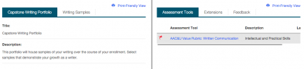 The split‑screen layout showing two sections side by side. Left section showing Capstone Writing Portfolio tab highlighted with fields for Title and Description. Right section showing Assessment Tools tab highlighted with a table containing columns for Assessment Tool and Description.