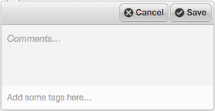 The comment panel showing fields for Comments and Add some tags here. Cancel button and Save button appearing at the top right.