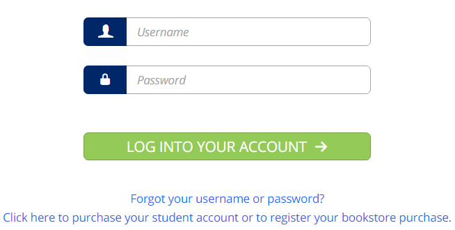 A login section showing fields labeled ‘Username’ and ‘Password,’ button labeled ‘Log Into Your Account,’ link ‘Forgot your username or password?,’ and link ‘Click here to purchase your student account or to register your bookstore purchase.’