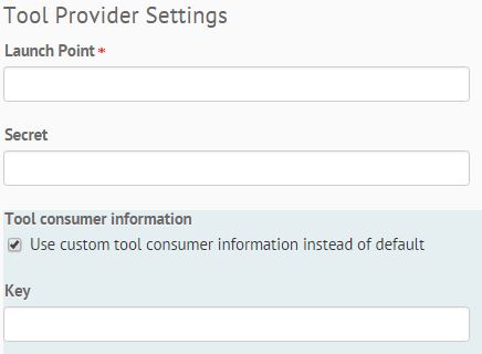 The Tool Provider Settings section showing fields for Launch Point, Secret, and Key. Checkbox for using custom tool consumer information selected.