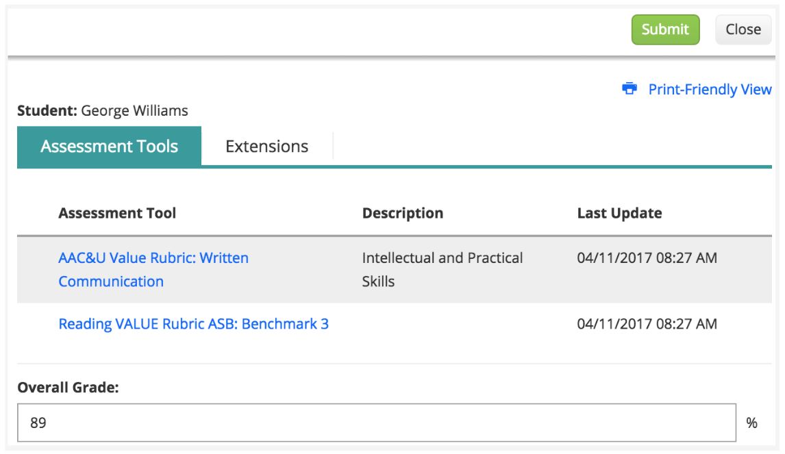 The Assessment Tools page showing two assessment rows with titles, descriptions, and last update dates. Overall Grade field showing 89 at the bottom.