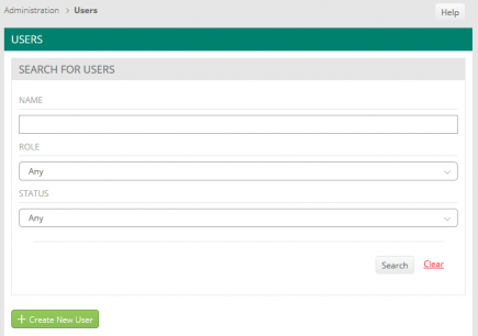 The Users page showing search fields for Name, Role dropdown, and Status dropdown. Buttons showing Search, Clear, and Create New User.