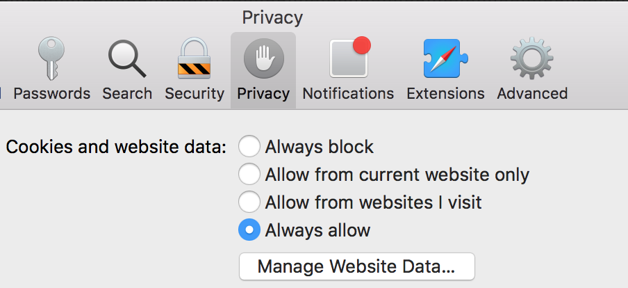The Privacy tab showing cookie settings with options for Always block, Allow from current website only, Allow from websites I visit, and Always allow. Always allow option selected. Manage Website Data button appearing below.